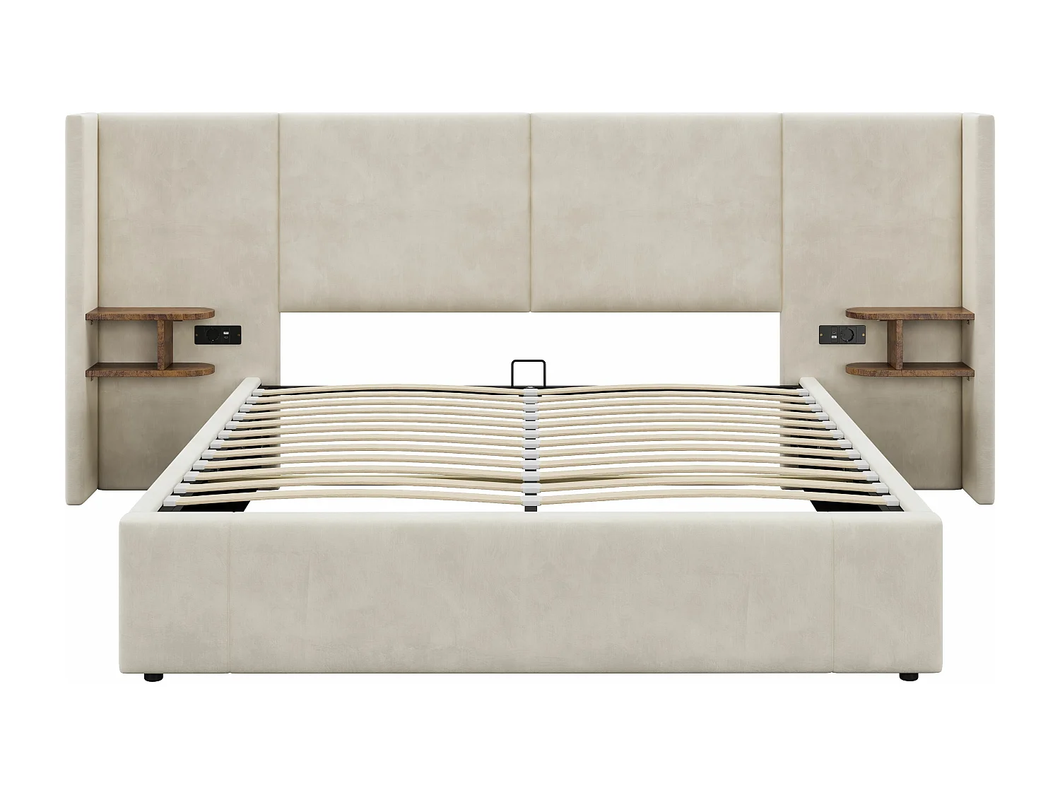Lit rembourré 160x200cm, lit hydraulique à oreilles larges avec connexion USB et deux tables de nuit,Velours, Beige,Sans matelas