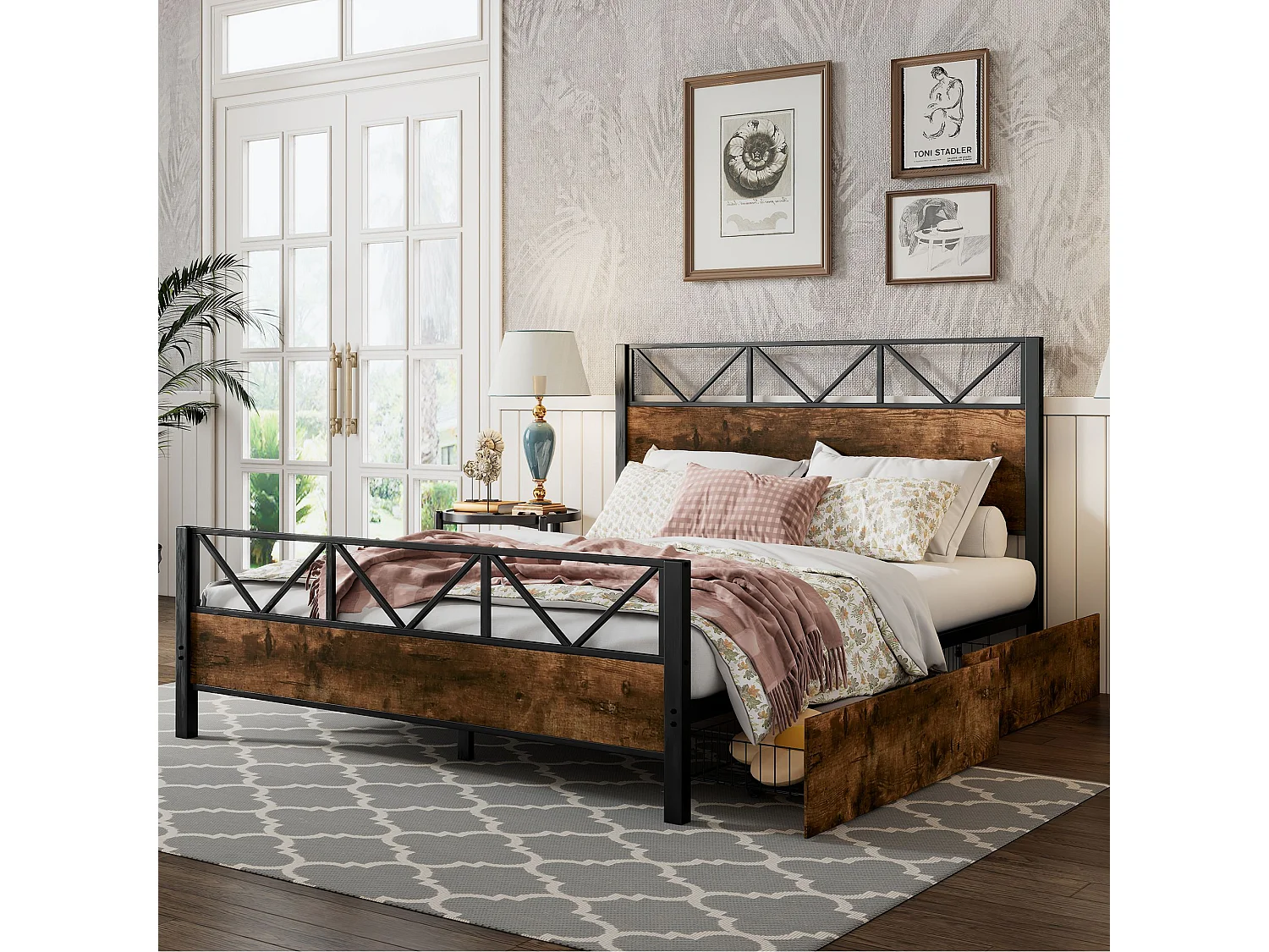 Cama de metal Cama de casal 140x200 cm, duas gavetas com rodízios, Estrutura de metal, base plana, metal + MDF, preto + nogueira