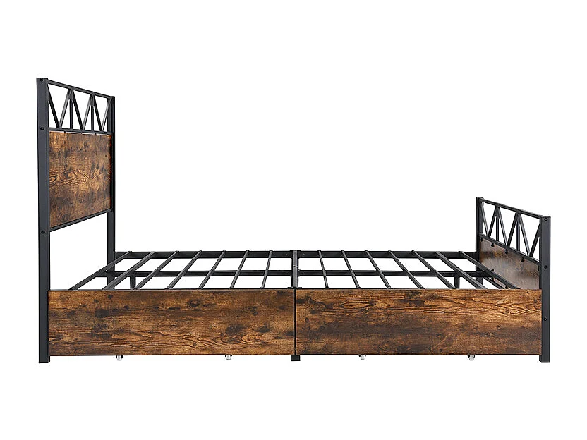 Cama de metal Cama de casal 140x200 cm, duas gavetas com rodízios, Estrutura de metal, base plana, metal + MDF, preto + nogueira