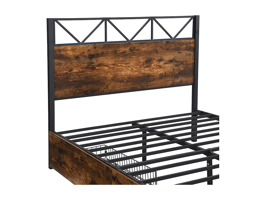 Cama de metal Cama de casal 140x200 cm, duas gavetas com rodízios, Estrutura de metal, base plana, metal + MDF, preto + nogueira