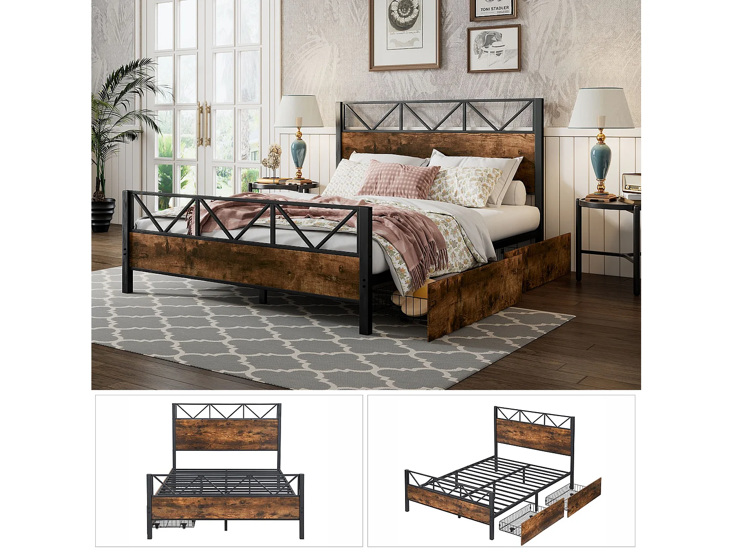 Cama de metal Cama de casal 140x200 cm, duas gavetas com rodízios, Estrutura de metal, base plana, metal + MDF, preto + nogueira