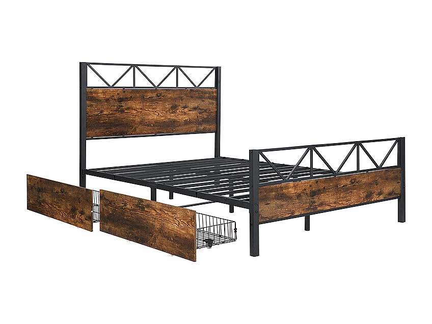Cama de metal Cama de casal 140x200 cm, duas gavetas com rodízios, Estrutura de metal, base plana, metal + MDF, preto + nogueira