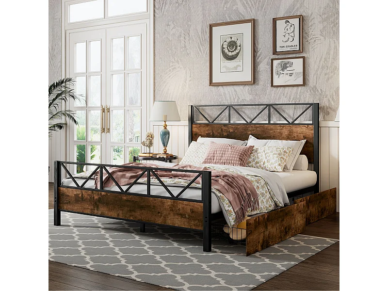 Cama de metal Cama de casal 140x200 cm, duas gavetas com rodízios, Estrutura de metal, base plana, metal + MDF, preto + nogueira