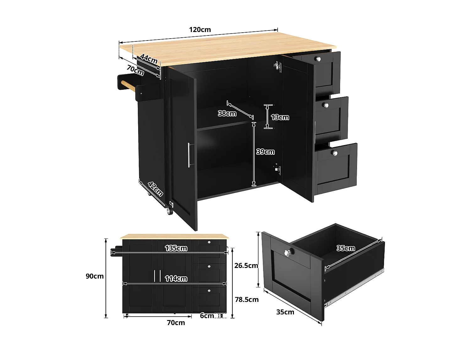 Aparador de cozinha, mesa de cozinha móvel, design dobrável, com 3 gavetas e toalheiro, 135x44(70)x90 cm, preto