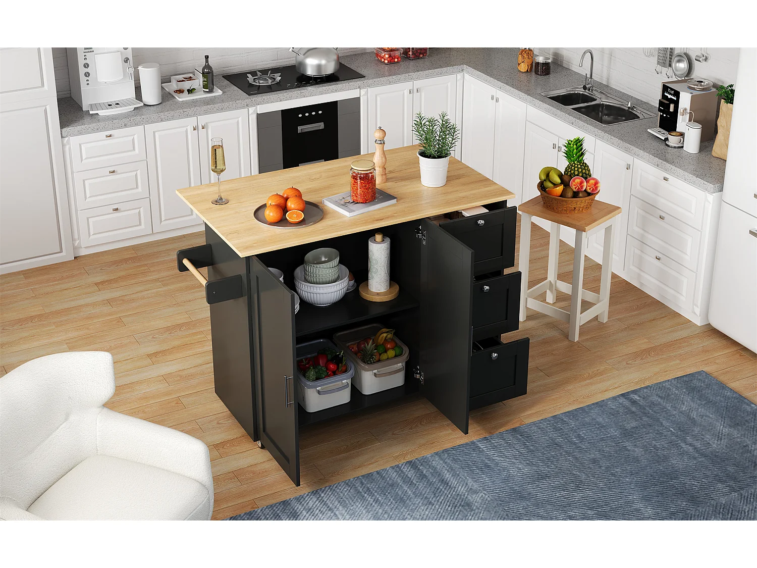 Aparador de cozinha, mesa de cozinha móvel, design dobrável, com 3 gavetas e toalheiro, 135x44(70)x90 cm, preto