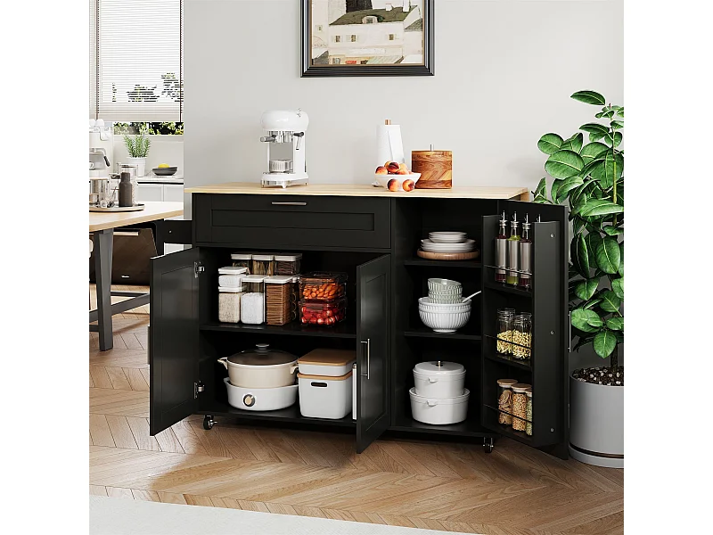 Armário de cozinha, mesa de cozinha móvel, bancada dobrável, porta-tempero, porta-toalhas, 5 rodas, 132,5x44(70)x90 cm, Preto