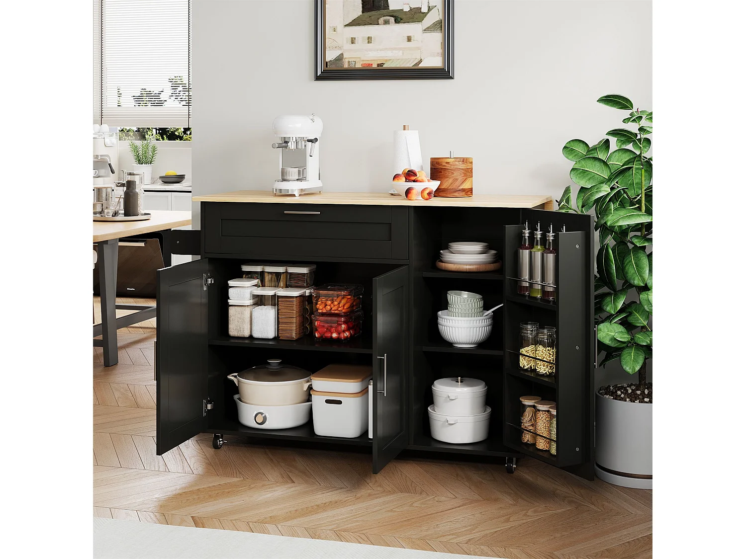 Armário de cozinha, mesa de cozinha móvel, bancada dobrável, porta-tempero, porta-toalhas, 5 rodas, 132,5x44(70)x90 cm, Preto