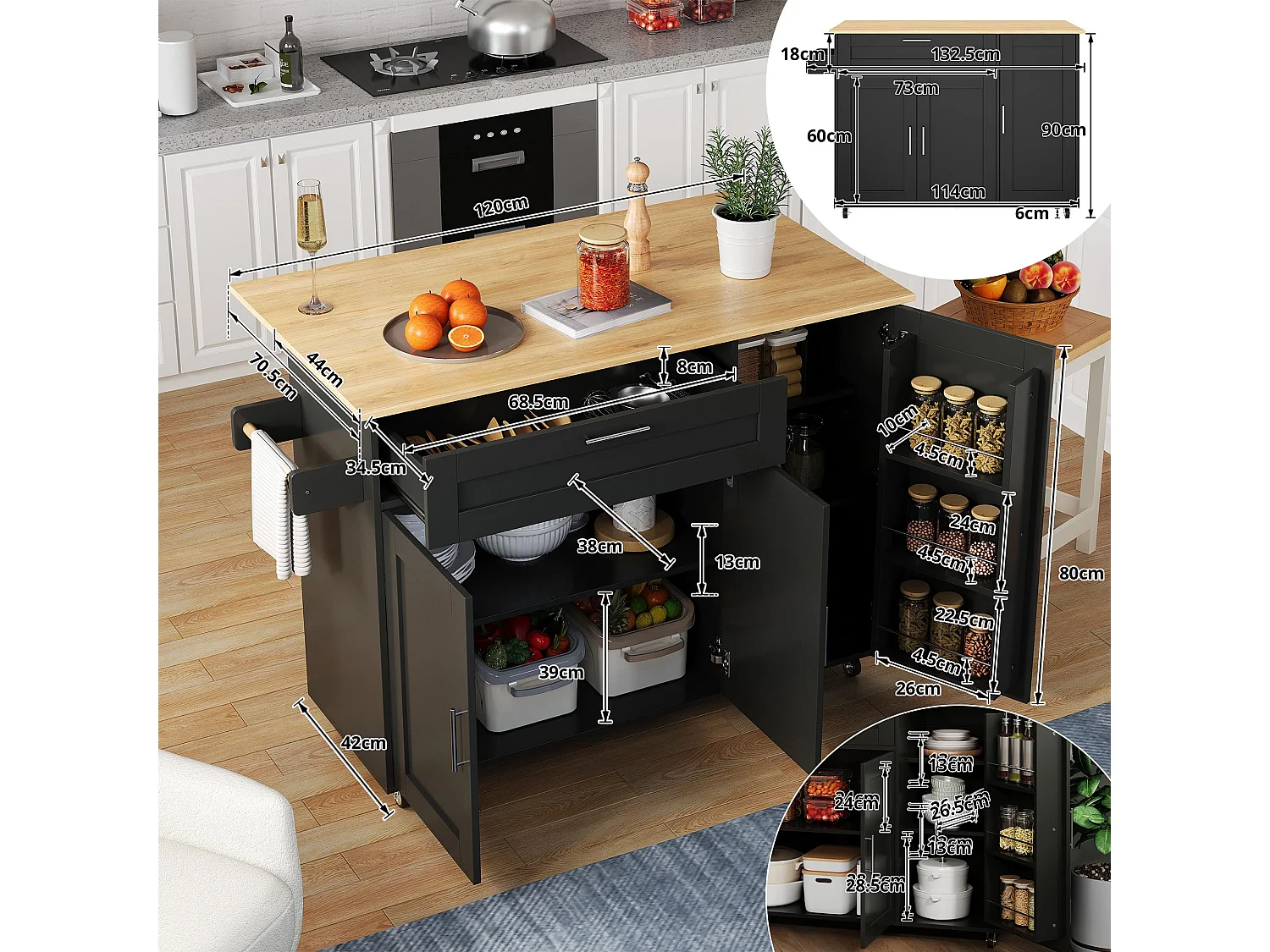 Armário de cozinha, mesa de cozinha móvel, bancada dobrável, porta-tempero, porta-toalhas, 5 rodas, 132,5x44(70)x90 cm, Preto