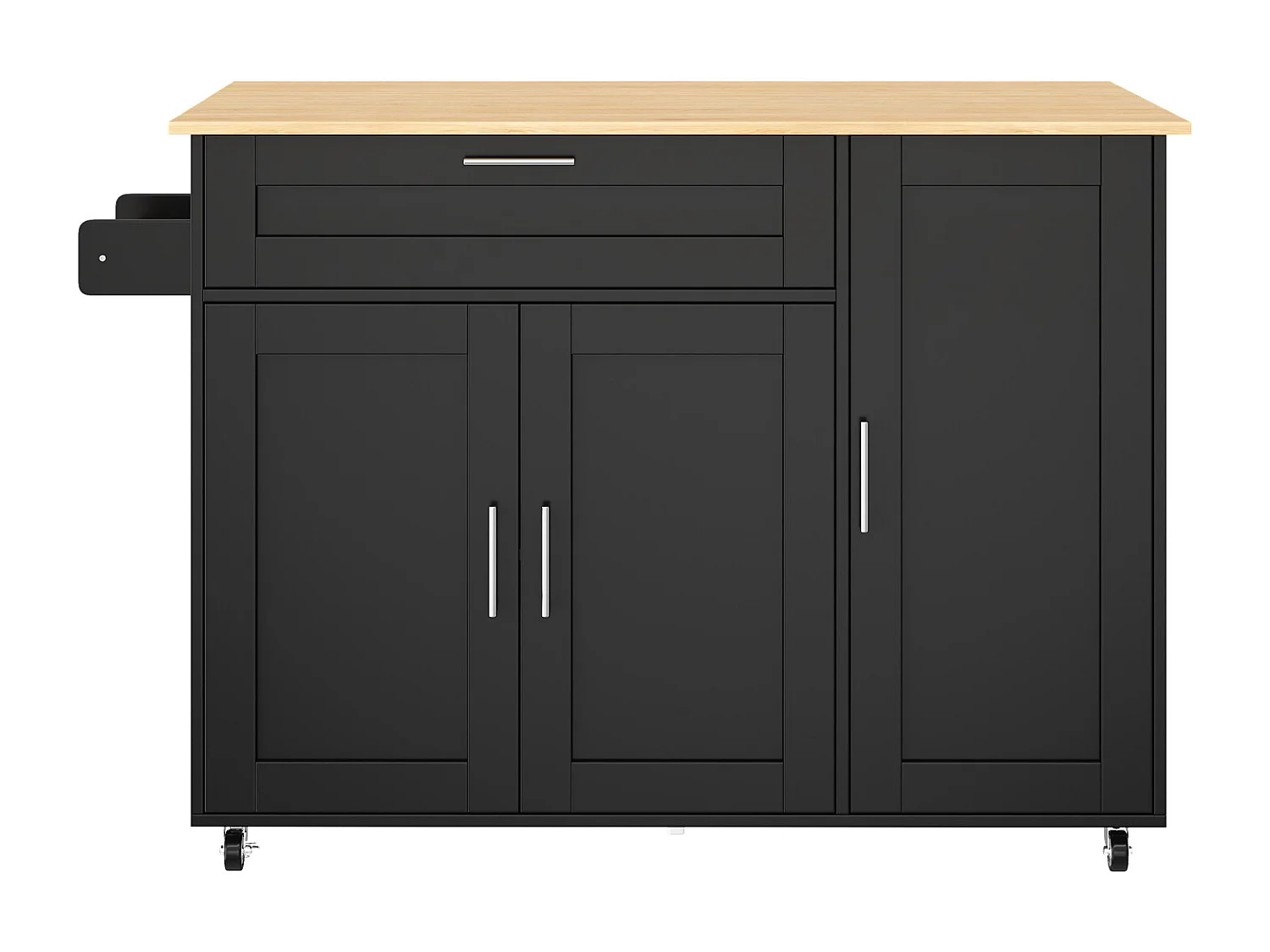 Armário de cozinha, mesa de cozinha móvel, bancada dobrável, porta-tempero, porta-toalhas, 5 rodas, 132,5x44(70)x90 cm, Preto