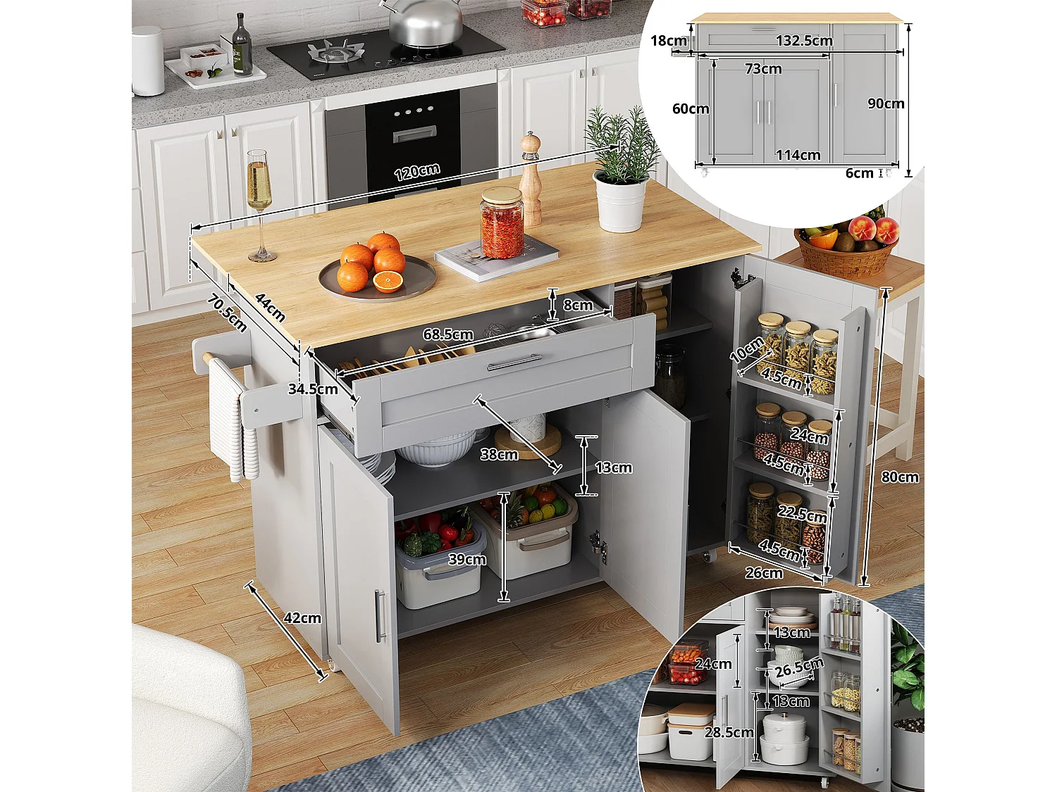 Armário de cozinha, mesa de cozinha móvel, bancada dobrável, porta-tempero, toalheiro, 5 rodas, 132,5x44(70)x90 cm, cinza