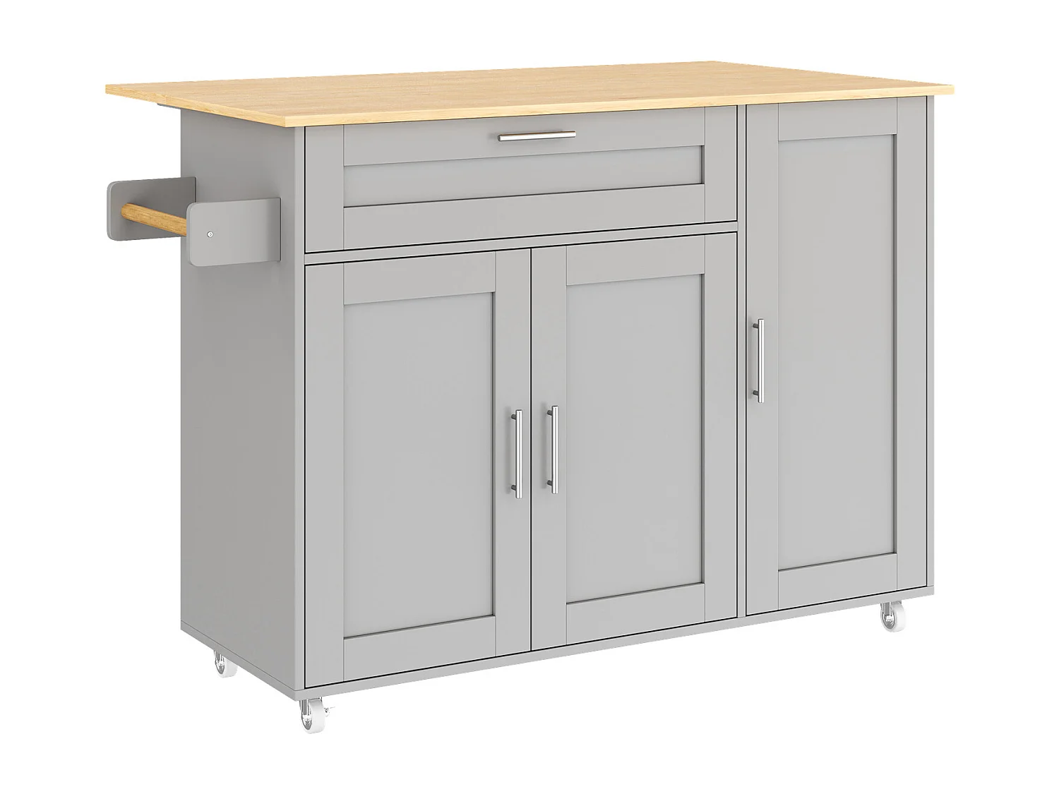 Armário de cozinha, mesa de cozinha móvel, bancada dobrável, porta-tempero, toalheiro, 5 rodas, 132,5x44(70)x90 cm, cinza