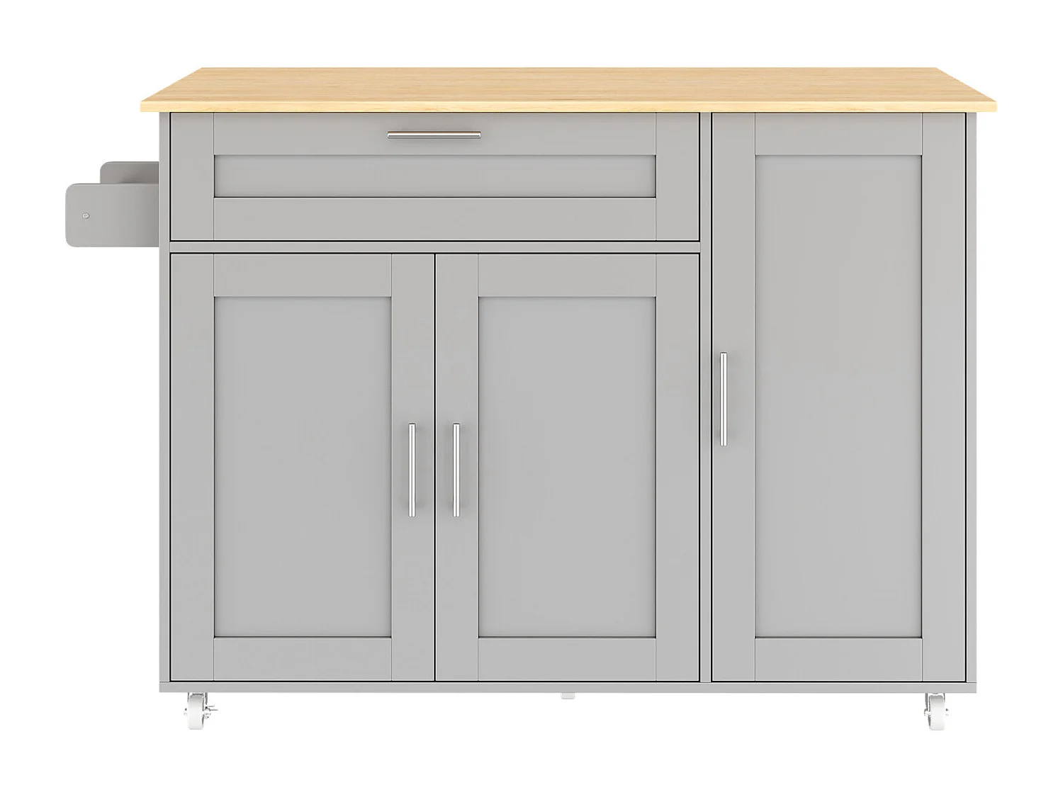 Armário de cozinha, mesa de cozinha móvel, bancada dobrável, porta-tempero, toalheiro, 5 rodas, 132,5x44(70)x90 cm, cinza