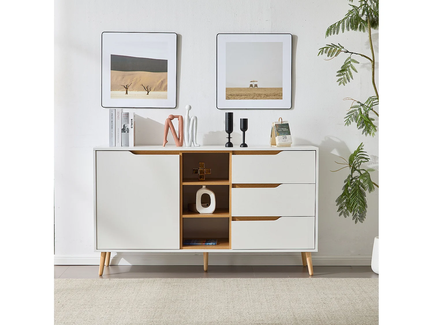 Aparador con estantes, con 3 cajones y espacio de almacenamiento abierto, 140 x 40 x 80,5 cm, blanco