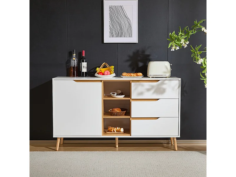 Aparador con estantes, con 3 cajones y espacio de almacenamiento abierto, 140 x 40 x 80,5 cm, blanco