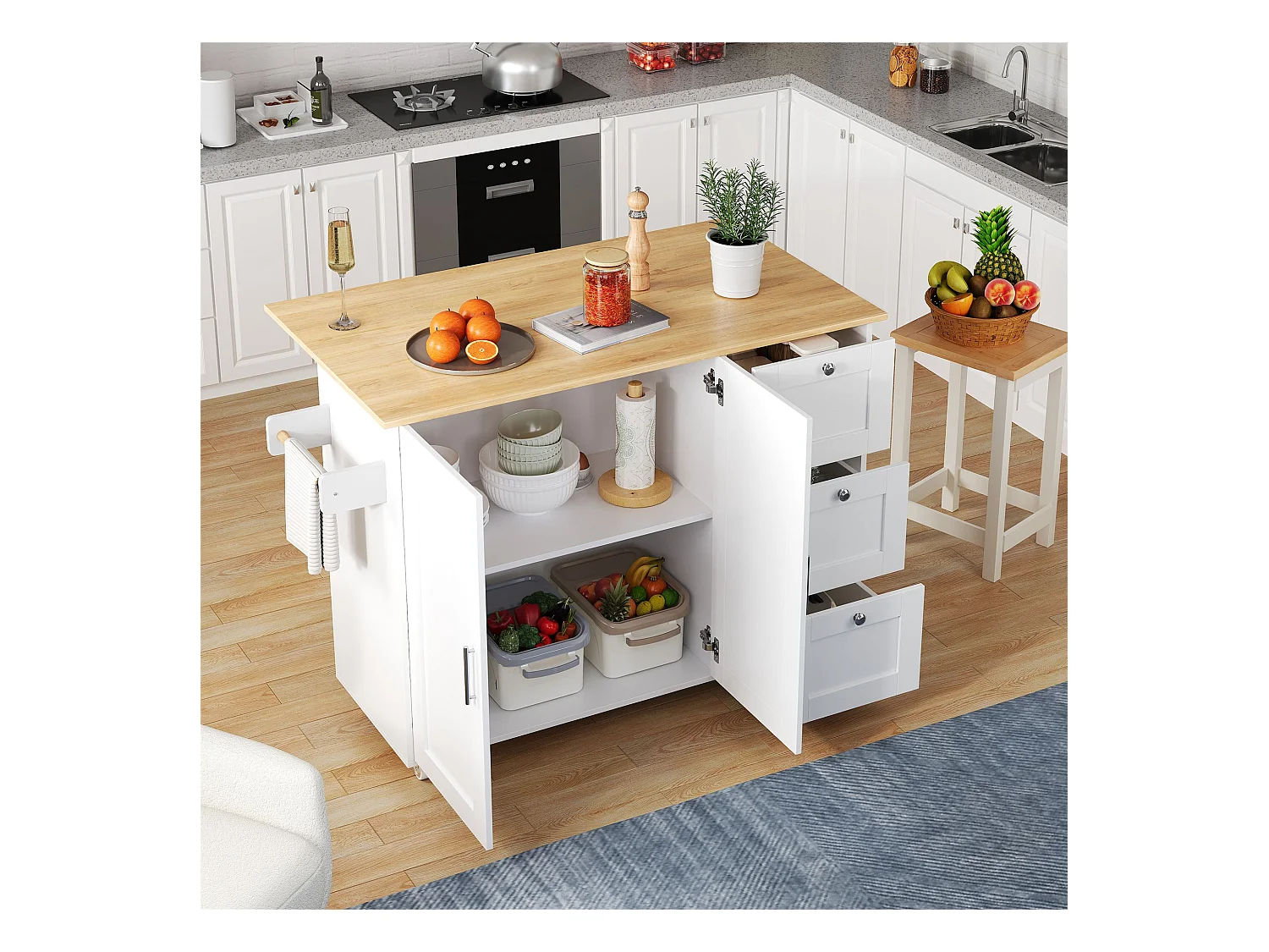 Buffet de cuisine,table de cuisine mobile,design pliable,avec 3 tiroirs et porte-serviettes,135x44(70)x90 cm,Blanc