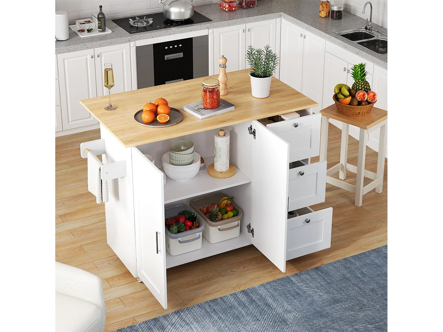 Buffet de cuisine,table de cuisine mobile,design pliable,avec 3 tiroirs et porte-serviettes,135x44(70)x90 cm,Blanc