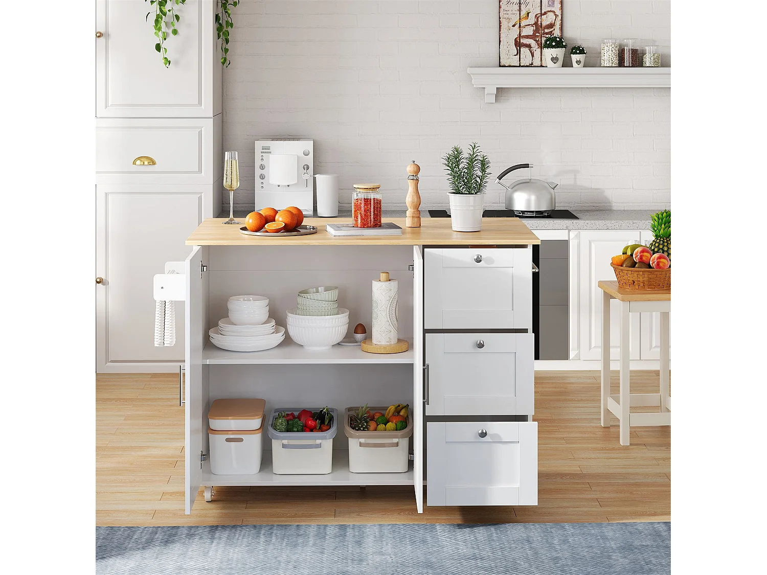 Buffet de cuisine,table de cuisine mobile,design pliable,avec 3 tiroirs et porte-serviettes,135x44(70)x90 cm,Blanc