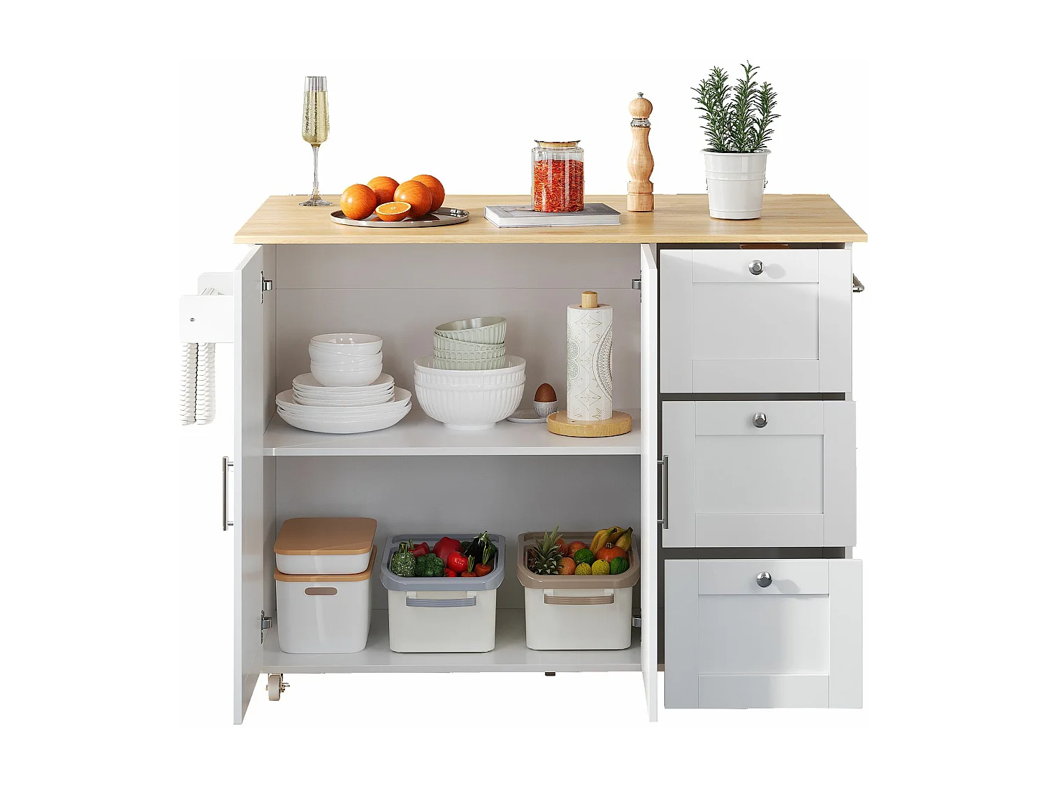 Buffet de cuisine,table de cuisine mobile,design pliable,avec 3 tiroirs et porte-serviettes,135x44(70)x90 cm,Blanc
