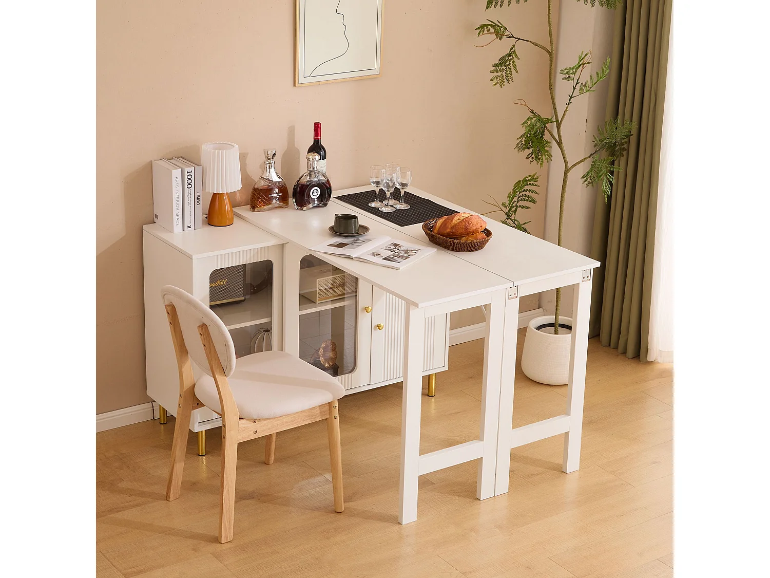 Buffet, meuble de rangement, avec plateau rabattable et extensible, blanc