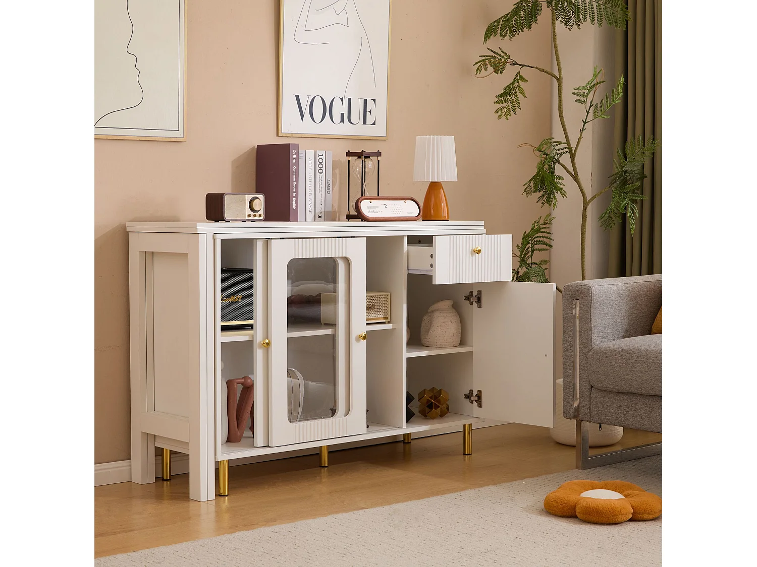 Buffet, meuble de rangement, avec plateau rabattable et extensible, blanc
