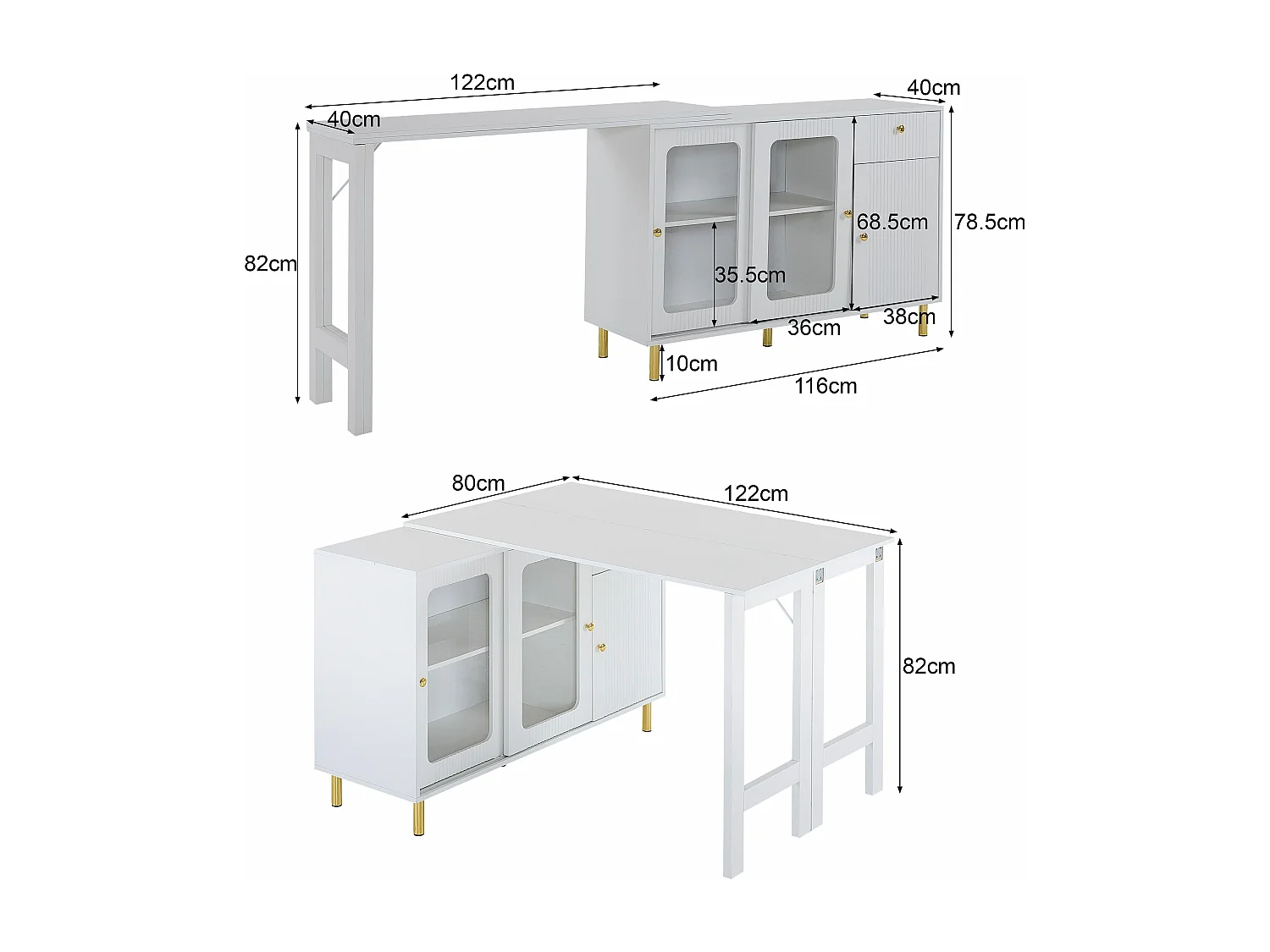 Buffet, meuble de rangement, avec plateau rabattable et extensible, blanc