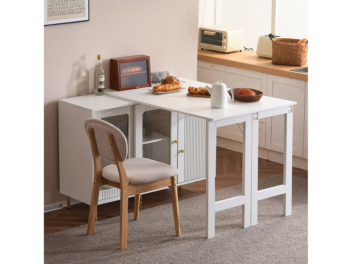 Buffet, meuble de rangement, avec plateau rabattable et extensible, blanc