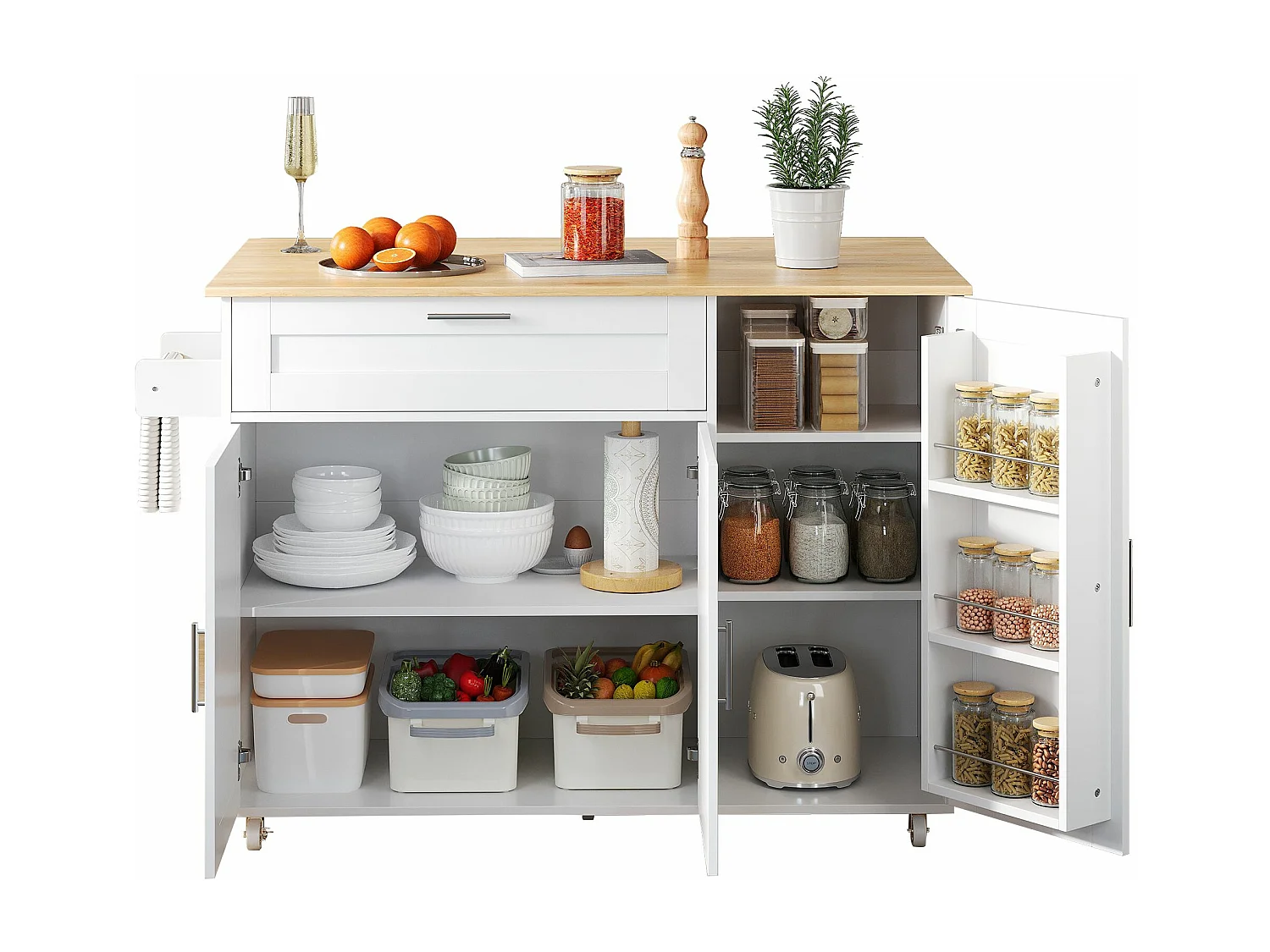 Armário de cozinha, mesa de cozinha móvel, bancada dobrável, porta-tempero, toalheiro, 5 rodas, 132,5x44(70)x90 cm, Branco