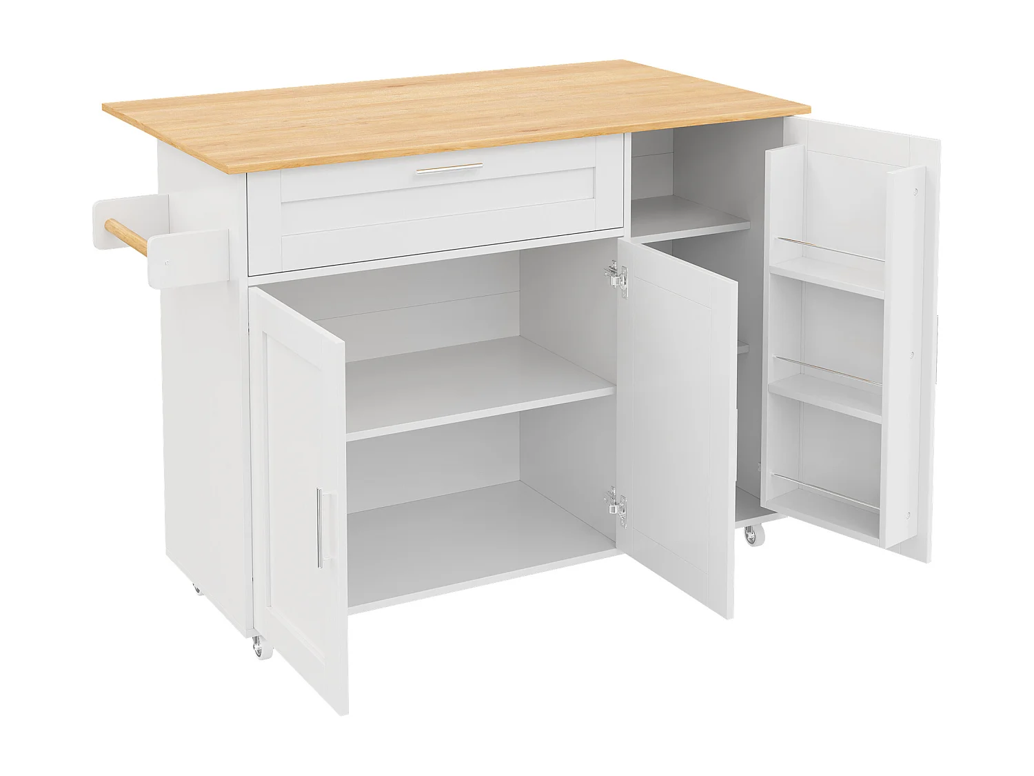 Armário de cozinha, mesa de cozinha móvel, bancada dobrável, porta-tempero, toalheiro, 5 rodas, 132,5x44(70)x90 cm, Branco