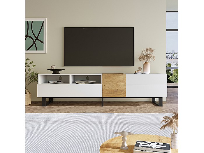 Meuble TV Blanc 180x40x42 Cm Avec Portes Et Tiroirs - Style Scandinave, Pieds En Bois, Rangement Spacieux