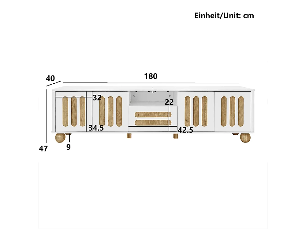 Móvel TV, com 4 portas, 1 gaveta e iluminação LED, 180 x 40 x 47 cm, branco