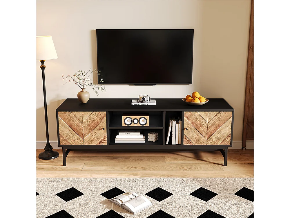 Meuble TV, avec espace de rangement polyvalent, comprenant des armoires, des compartiments horizontaux et verticaux, 150 x 38 x 55 cm, design contraste noir-bois