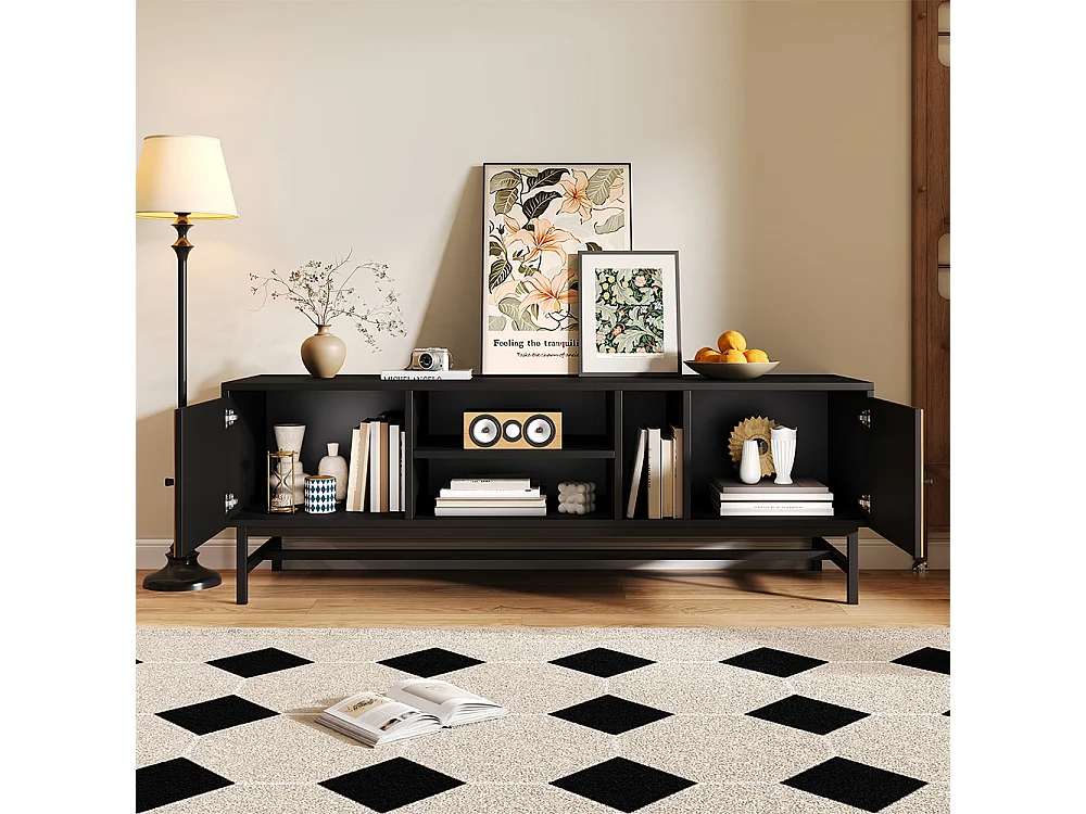 Meuble TV, avec espace de rangement polyvalent, comprenant des armoires, des compartiments horizontaux et verticaux, 150 x 38 x 55 cm, design contraste noir-bois