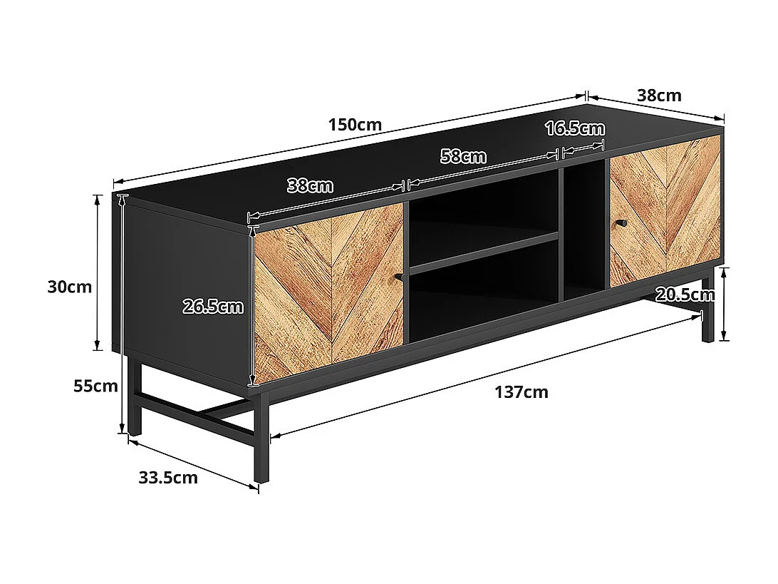 Meuble TV, avec espace de rangement polyvalent, comprenant des armoires, des compartiments horizontaux et verticaux, 150 x 38 x 55 cm, design contraste noir-bois