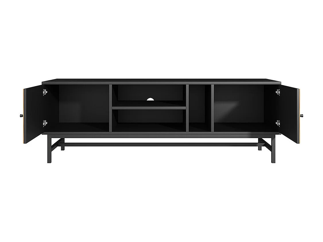 Meuble TV, avec espace de rangement polyvalent, comprenant des armoires, des compartiments horizontaux et verticaux, 150 x 38 x 55 cm, design contraste noir-bois