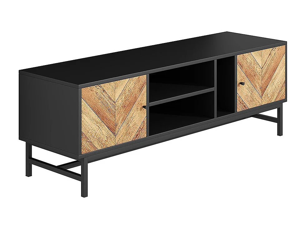 Meuble TV, avec espace de rangement polyvalent, comprenant des armoires, des compartiments horizontaux et verticaux, 150 x 38 x 55 cm, design contraste noir-bois