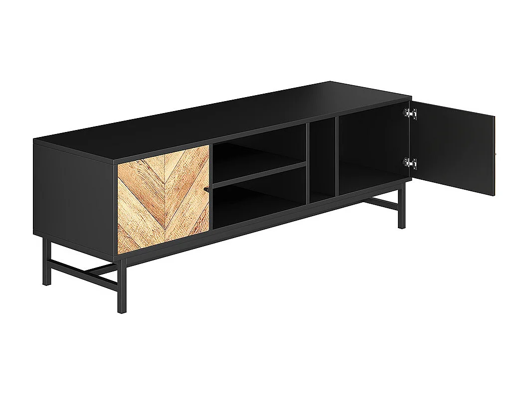 Meuble TV, avec espace de rangement polyvalent, comprenant des armoires, des compartiments horizontaux et verticaux, 150 x 38 x 55 cm, design contraste noir-bois