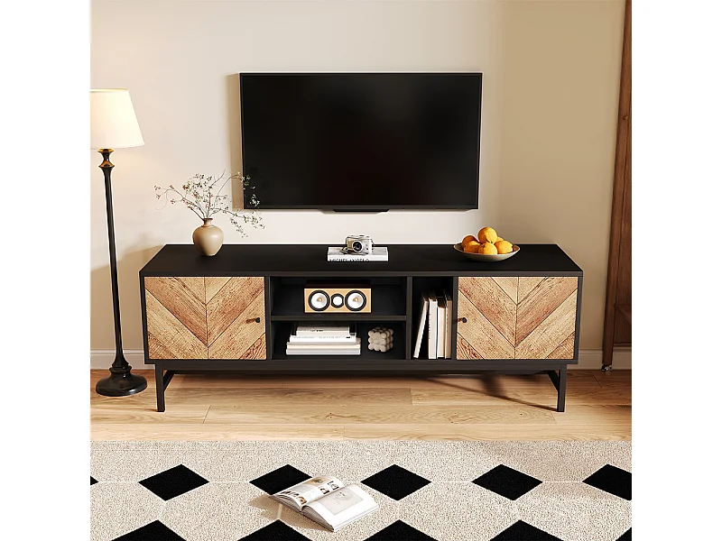 Meuble TV, avec espace de rangement polyvalent, comprenant des armoires, des compartiments horizontaux et verticaux, 150 x 38 x 55 cm, design contraste noir-bois