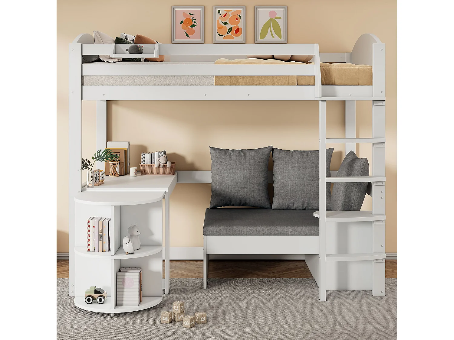 Lit surélevé d'enfant, 90x200cm, avec échelle, table extensible, bois massif, blanc, sans matelas