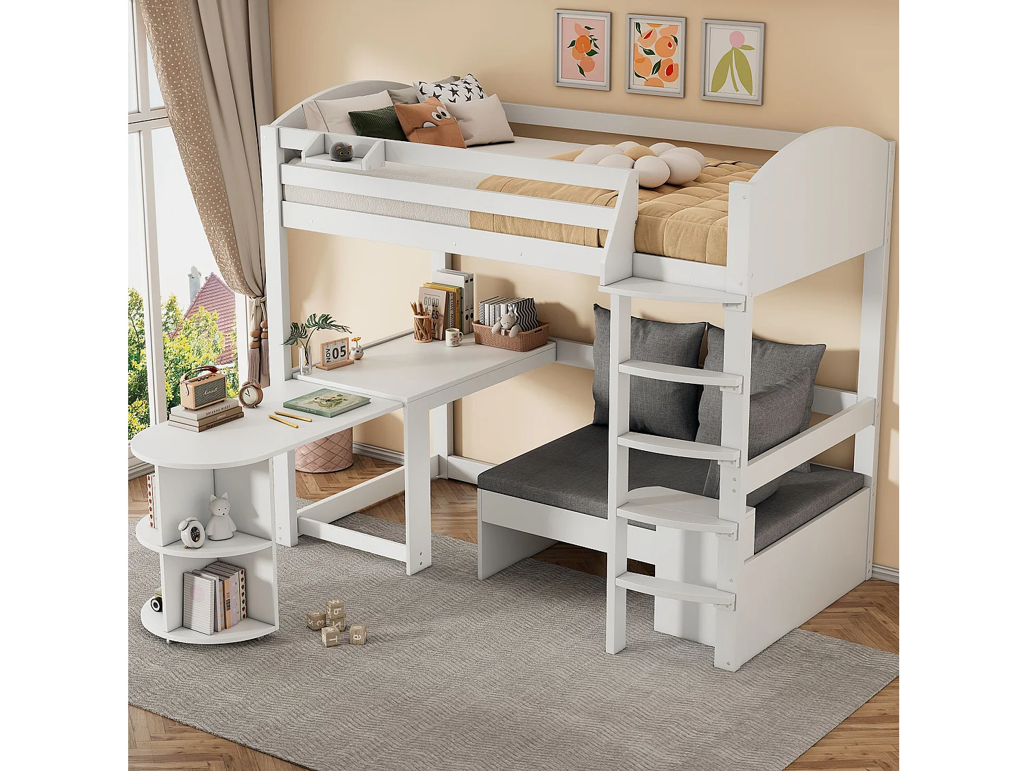 Lit surélevé d'enfant, 90x200cm, avec échelle, table extensible, bois massif, blanc, sans matelas