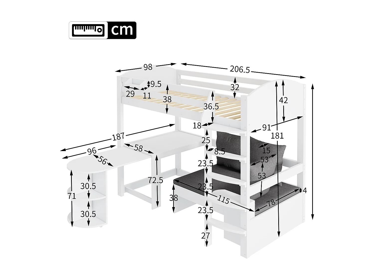 Lit surélevé d'enfant, 90x200cm, avec échelle, table extensible, bois massif, blanc, sans matelas