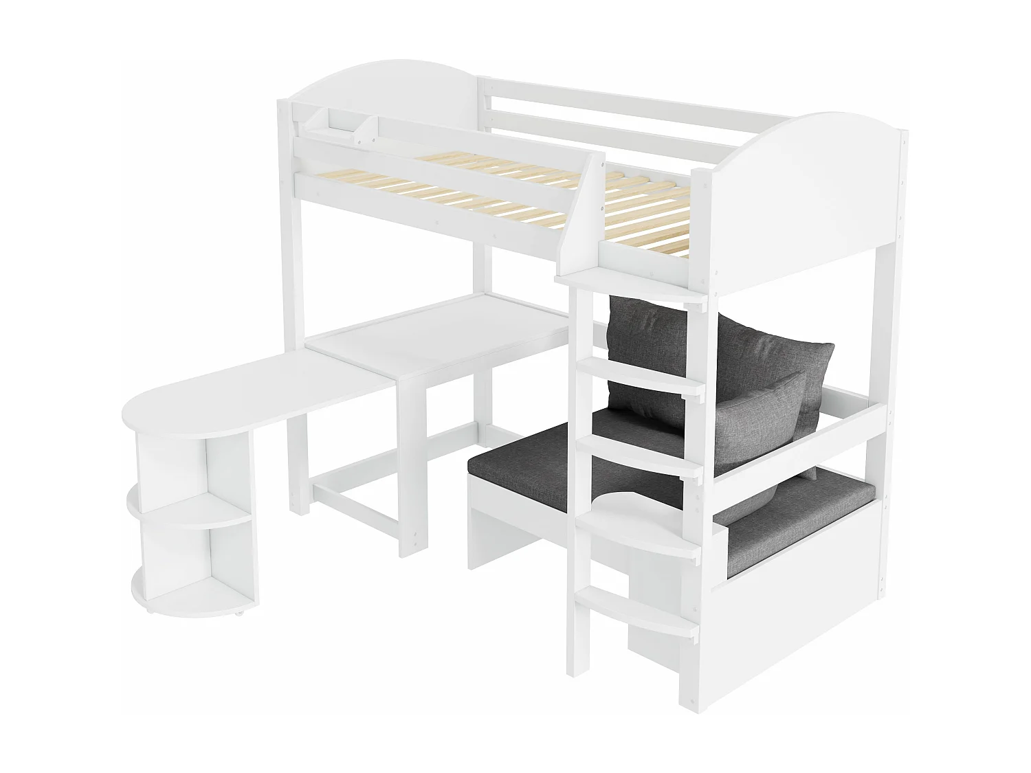 Lit surélevé d'enfant, 90x200cm, avec échelle, table extensible, bois massif, blanc, sans matelas