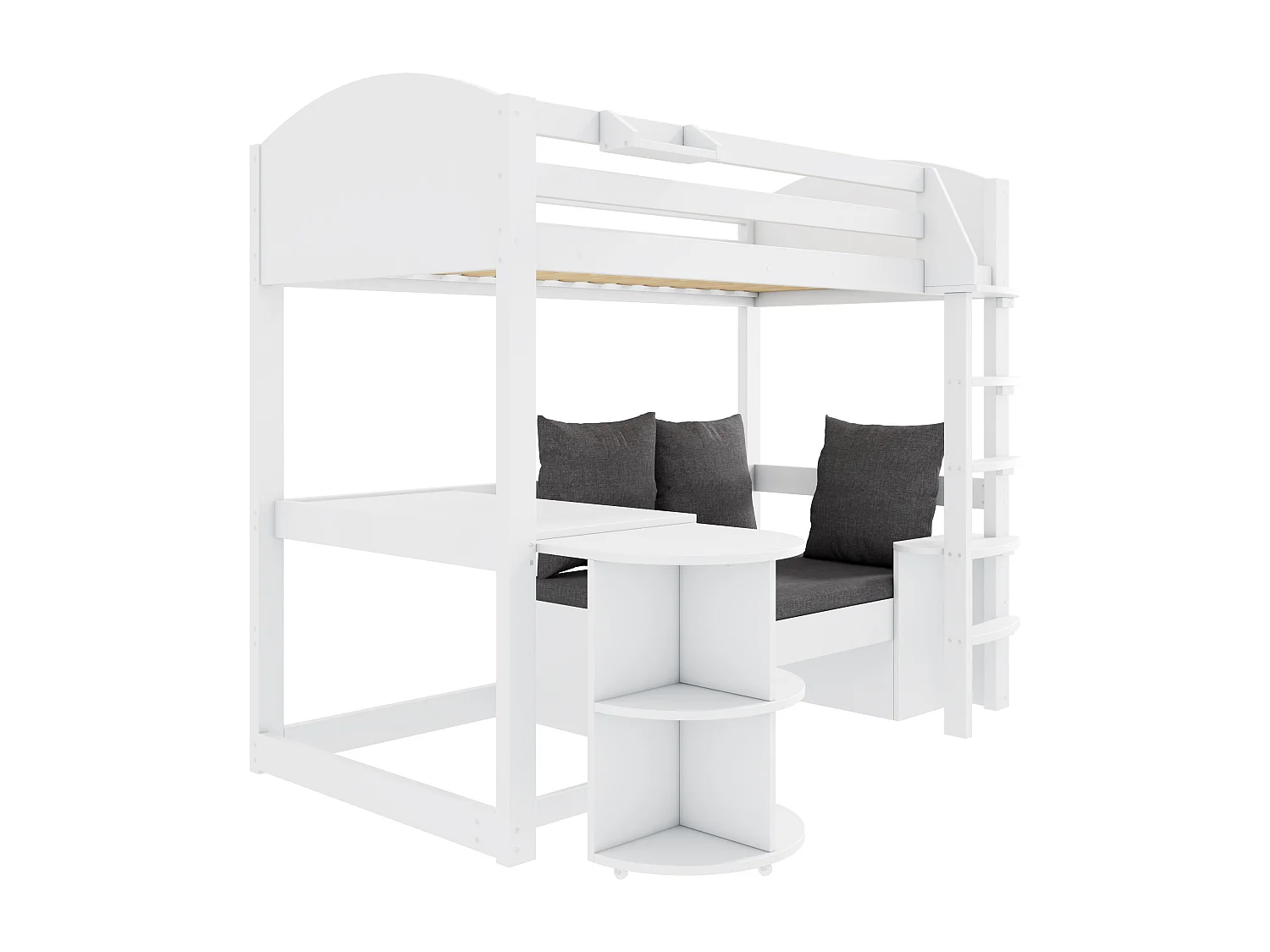 Lit surélevé d'enfant, 90x200cm, avec échelle, table extensible, bois massif, blanc, sans matelas