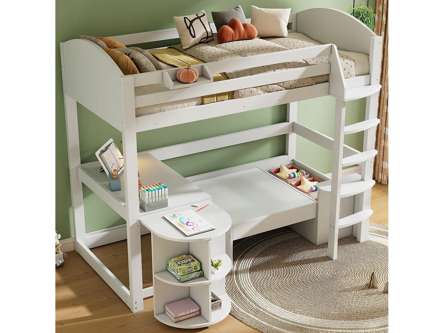 Lit surélevé d'enfant, 90x200cm, avec échelle, table extensible, bois massif, blanc, sans matelas