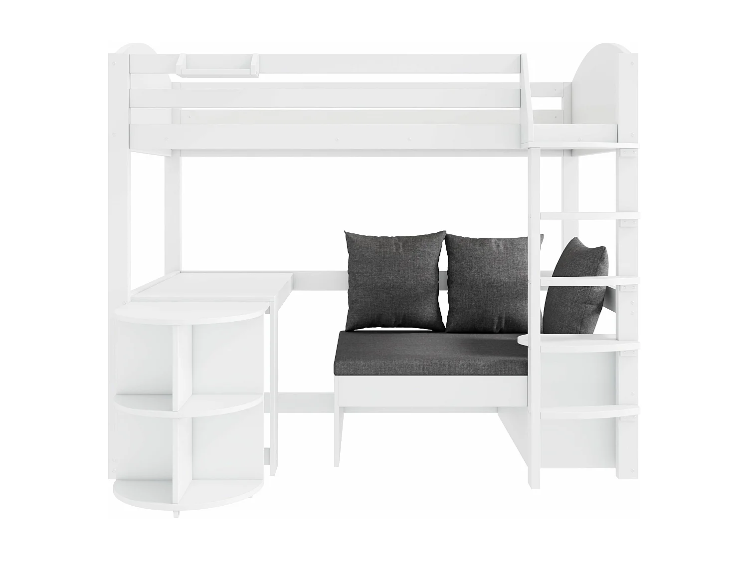 Lit surélevé d'enfant, 90x200cm, avec échelle, table extensible, bois massif, blanc, sans matelas