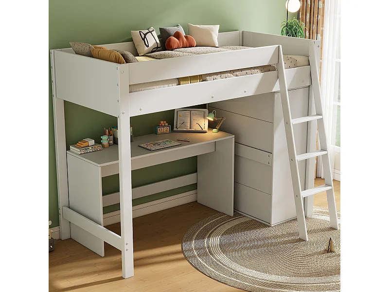 Cama elevada infantil, 90x200cm, com escada, secretária e roupeiro, Madeira maciça, Branco, Sem colchão