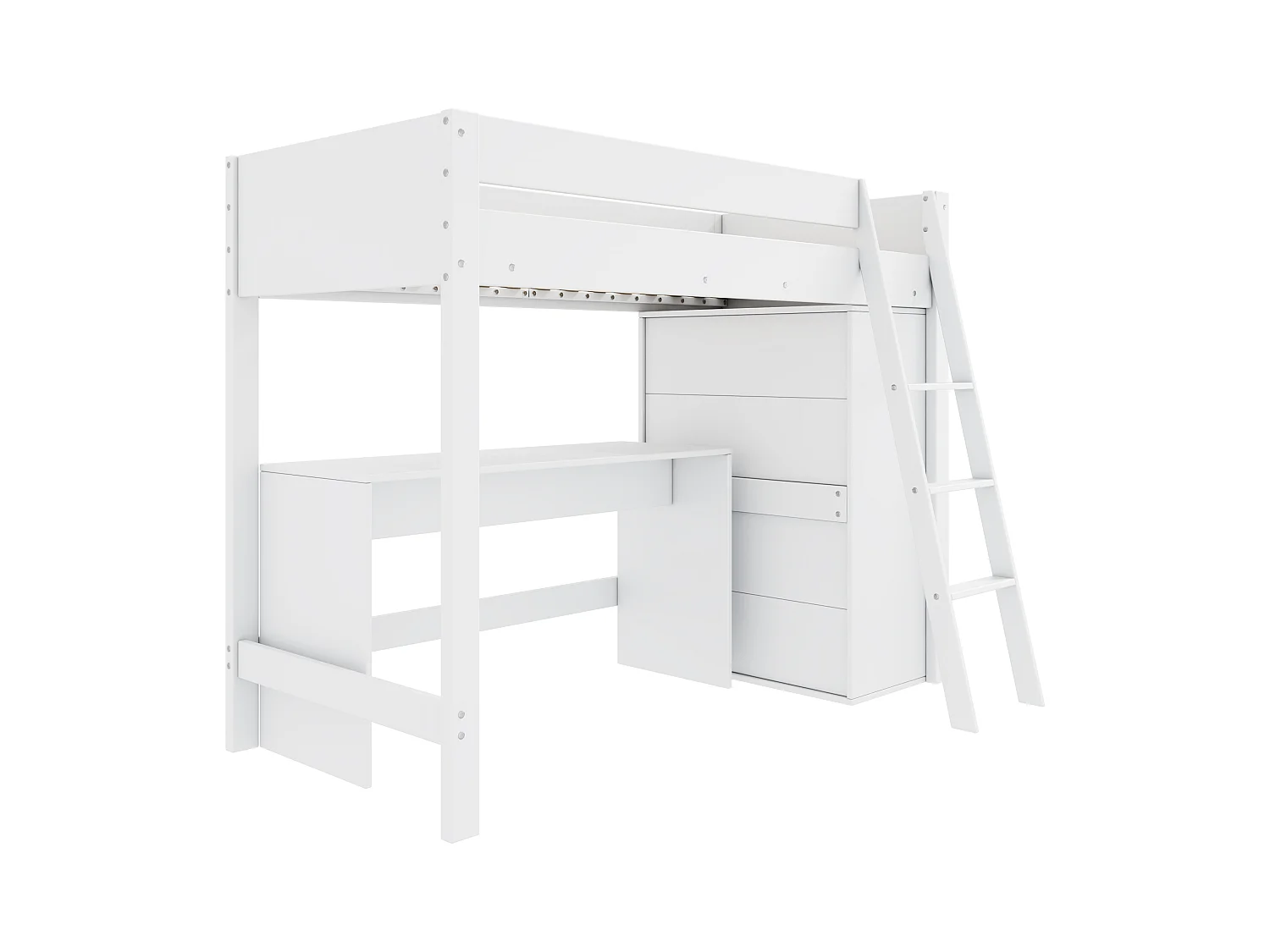 Lit surélevé pour enfants, 90x200cm, avec échelle, bureau et armoire, Bois massif, Blanc, Sans matelas