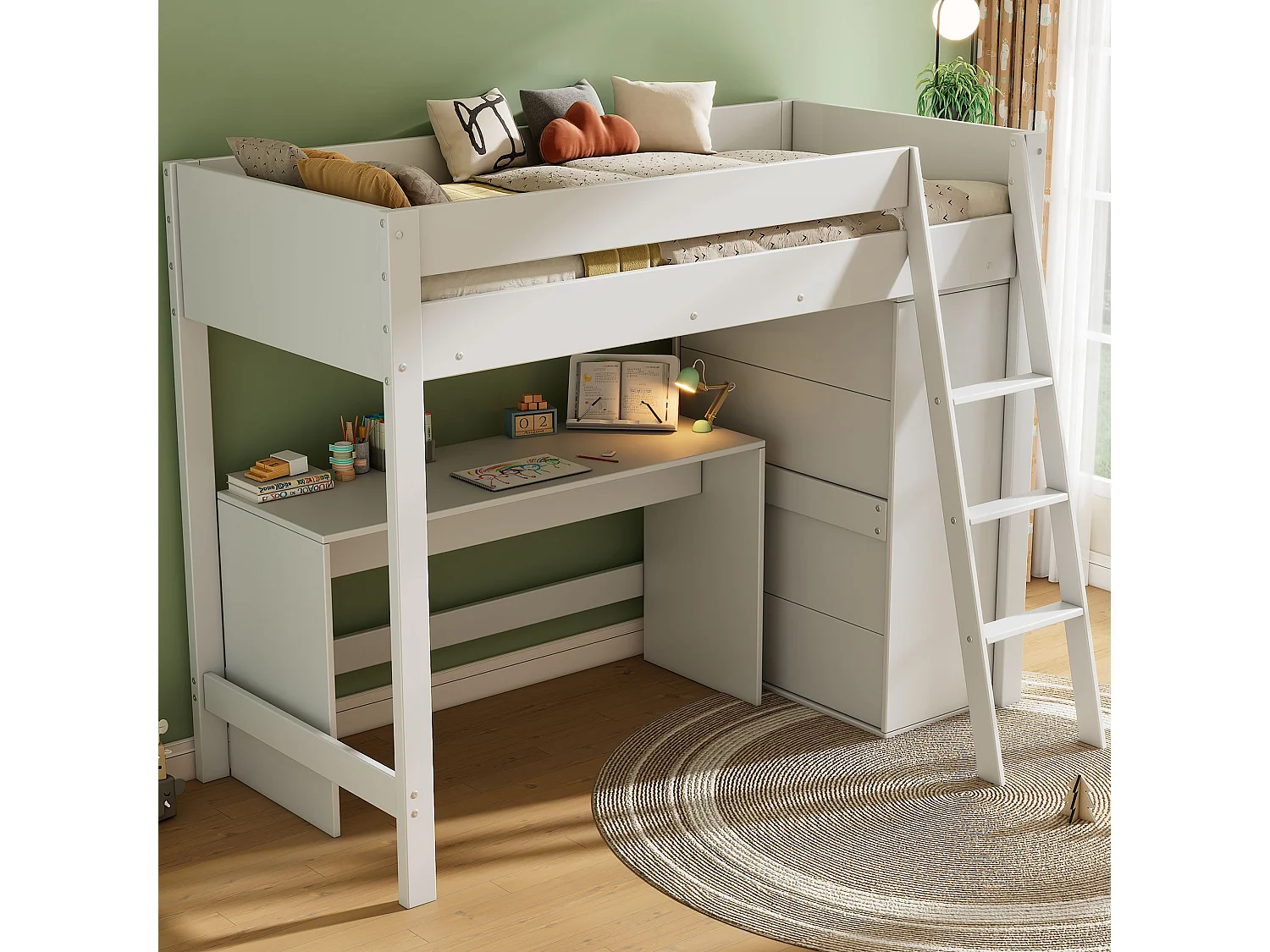 Cama elevada infantil, 90x200cm, com escada, secretária e roupeiro, Madeira maciça, Branco, Sem colchão