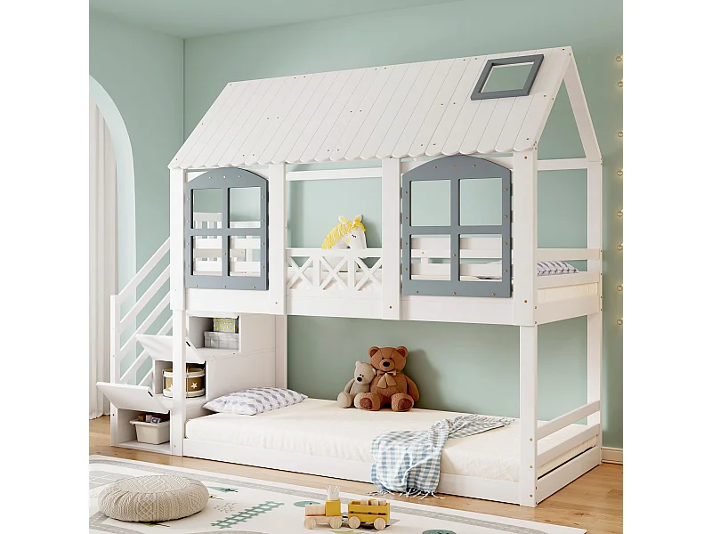 Beliche 90x200cm, cama infantil com grade de segurança e 3 compartimentos de arrumação na escada, Pinho + MDF, branco + cinza, Sem colchão