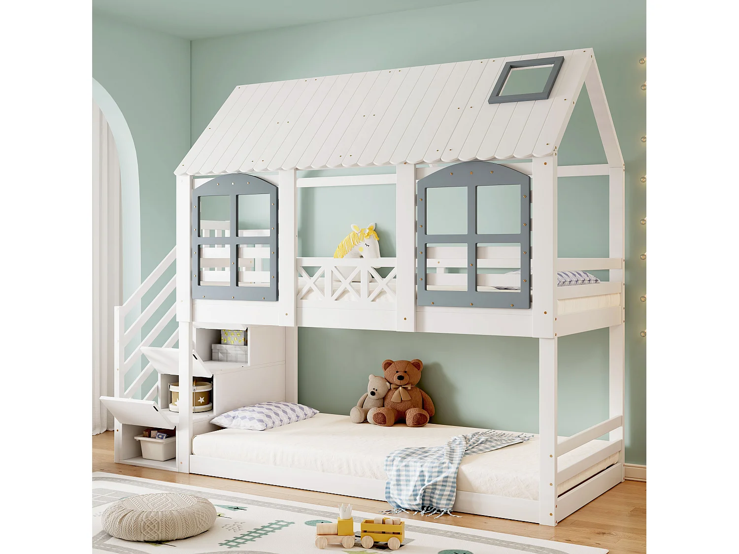 Beliche 90x200cm, cama infantil com grade de segurança e 3 compartimentos de arrumação na escada, Pinho + MDF, branco + cinza, Sem colchão