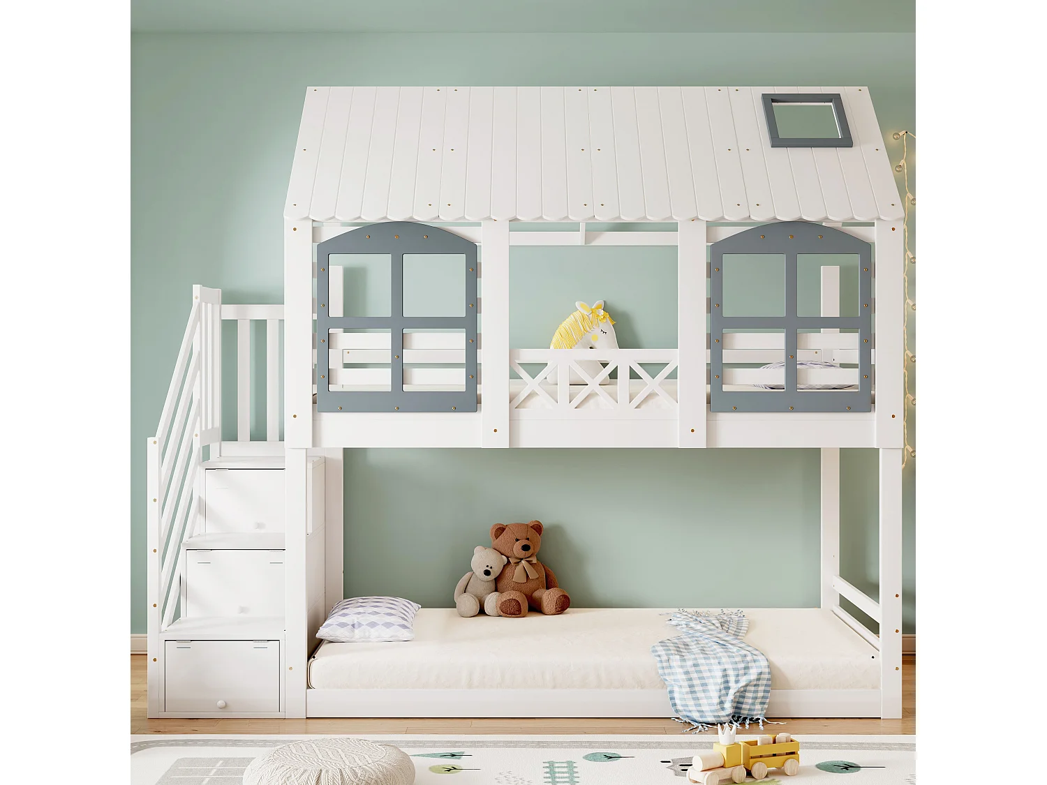 Beliche 90x200cm, cama infantil com grade de segurança e 3 compartimentos de arrumação na escada, Pinho + MDF, branco + cinza, Sem colchão